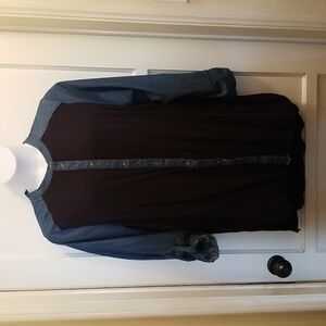 Ellos long sleeve denim and black cotton snap down shirt.